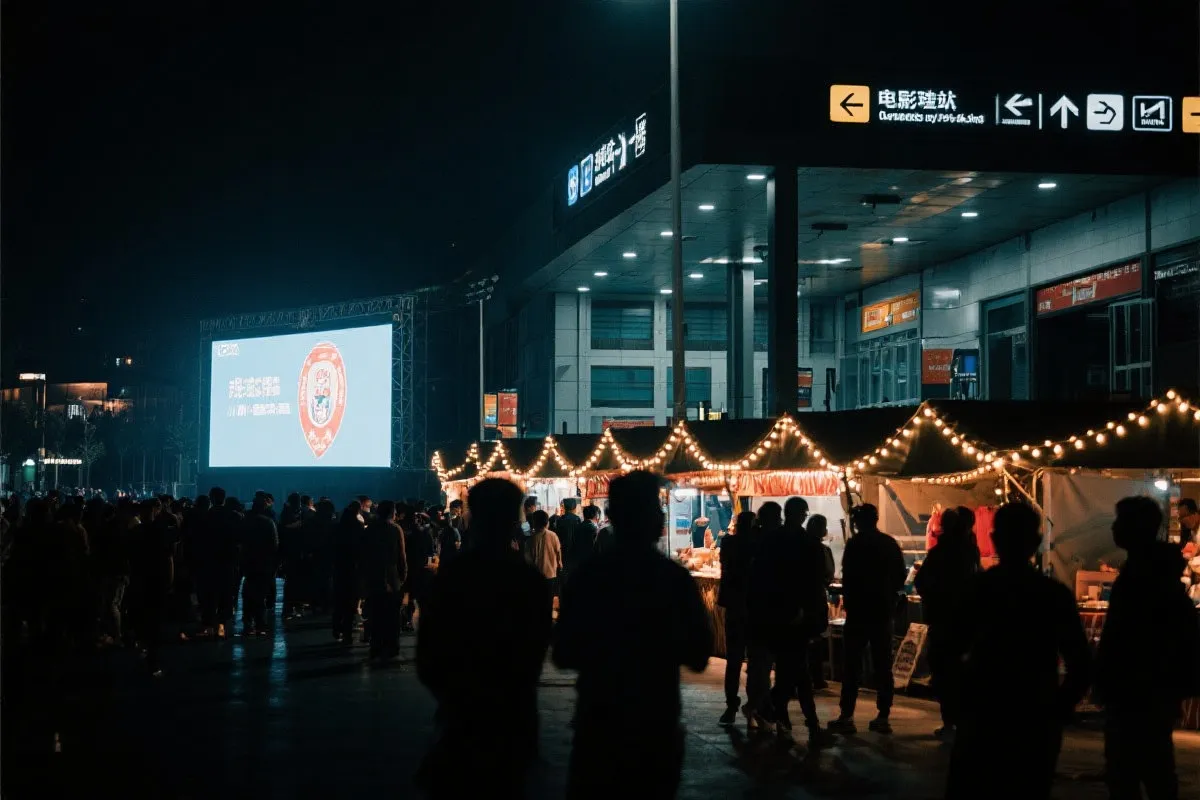 费城球迷广场夜景：大屏观赛人群、步行指示牌与公共交通入口